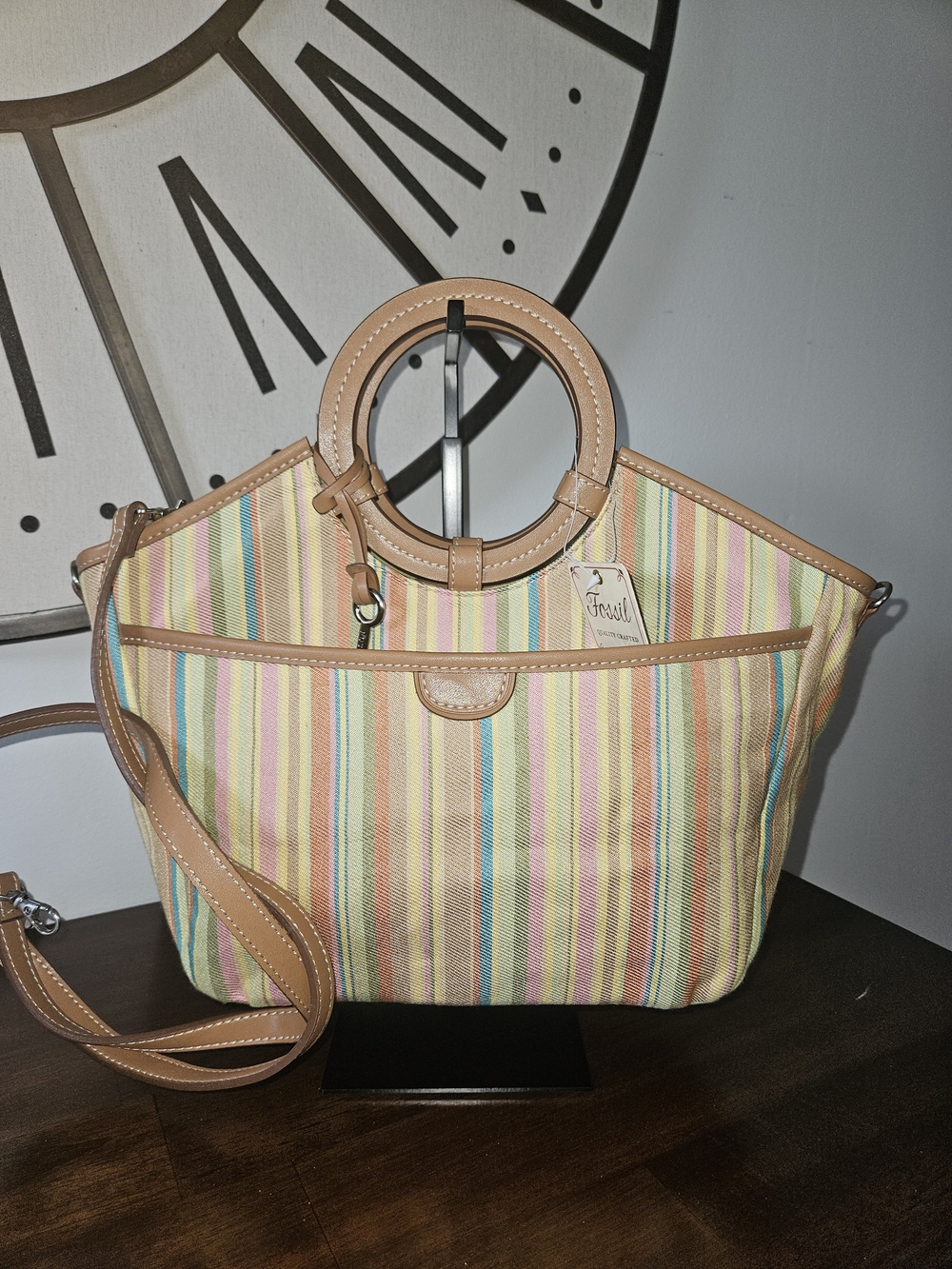 New Fossil Stripe Canvas Tote with Tan Trim